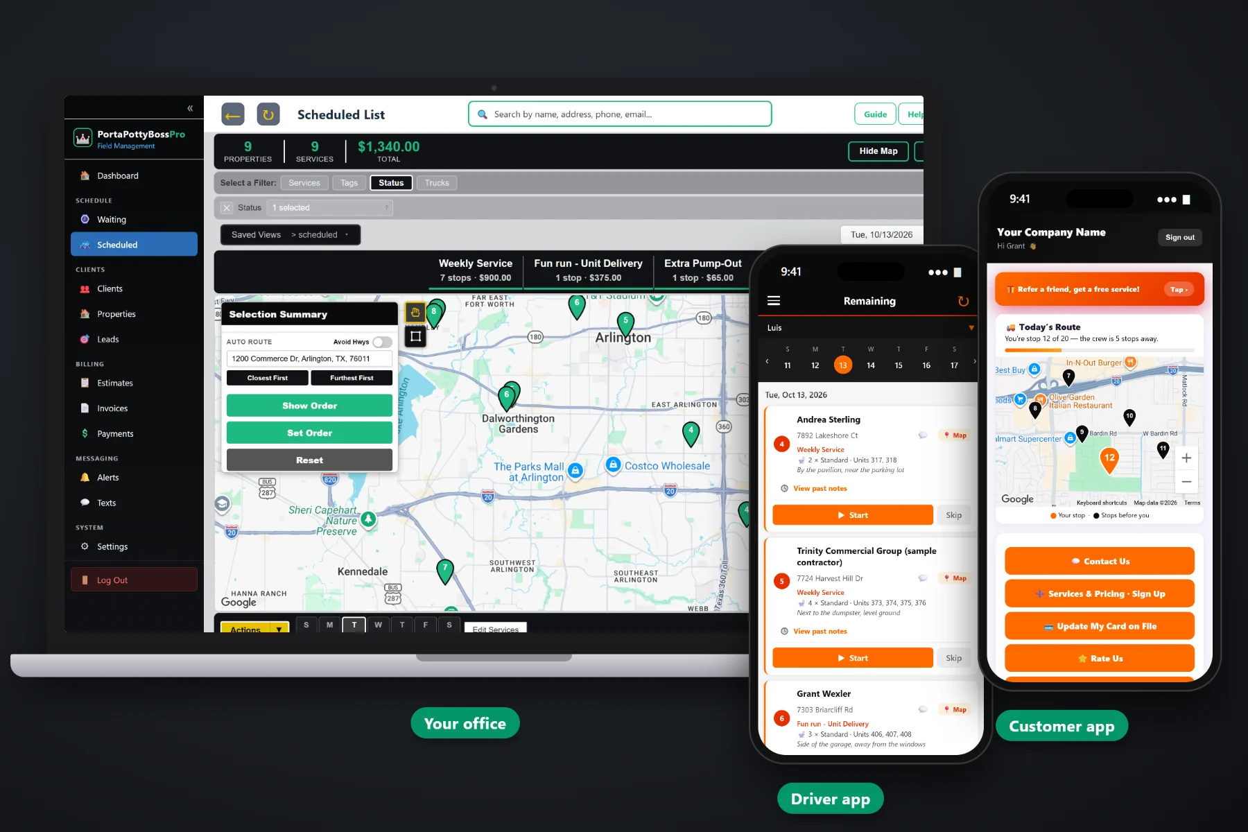 PortaPottyBossPro porta potty business software showing the Waiting List map of due weekly services, the dispatch board by truck, and the driver app with units and placement notes